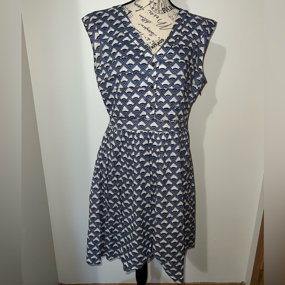Tory Burch Blue White Geometric Print Sleeveless Pleated Dress Size 10 - Picture 2 of 13